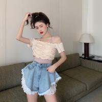 伞裤荷叶边高腰牛仔短裤女超短裤女夏蕾丝打底裤两件套热裤宽松潮_白色短袖_XL码建议120-135斤