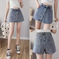 牛仔半身裙女防走光裙裤夏季高腰显瘦百搭学生宽松阔腿裤短裙裤女_002黑色短裤_2XL