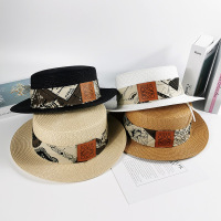 2021草帽女夏天复古英伦平顶礼帽韩版小清新沙滩防晒遮阳帽潮ln_黑色_均码(56-58cm)