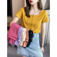 方领短袖T恤女夏短款2021年新款高腰紧身ins潮锁骨复古法式上衣服_黄色_M