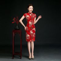 妈妈装旗袍裙高贵洋气2020新款阔太太连衣裙中年女夏装中长款_红色好质量_体重30斤定制