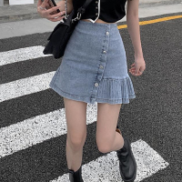 夏季不规则牛仔短裙子2021新款时尚百褶半身裙女小个子高腰A字裙_牛仔蓝_XL