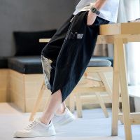 夏季亚麻七分裤男短裤薄款宽松萝卜裤中国风潮牌棉麻休闲裤7分裤66黑色_M