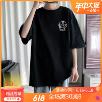 短袖T恤男2021新款港风百搭秋季宽松衣服男生韩版潮流体恤潮406小恐龙白色_M80斤以下