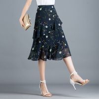 半身裙2021新款雪纺碎花裙高腰显瘦半身长裙荷叶边裙子下半身_藏青色_M85-100斤