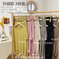 女宽松版夏冰凉家居服外穿休闲显瘦短袖三件套冰小漠冰爽皇后套装_灰色短袖+短裤_包边领口设计三件套L(80-120斤)