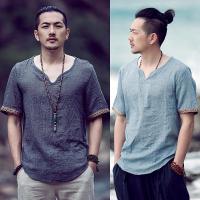 中国风男装棉麻T恤夏季宽松 汉服短袖古风上衣中式复古亚麻T恤_藏青此款尺码偏小_3XL