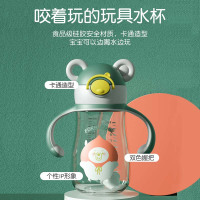 护贝康水杯吸管杯婴儿童学饮防漏防呛带吸管式水壶_300ml深蓝色握把款
