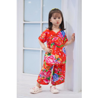 夏薄款女童睡衣绵绸七分袖家居服汉服套装女孩男孩短袖两件套_绿色牡丹_100码建议身高90-100厘米