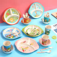 七月优选五件套竹纤维儿童餐具分格餐盘可爱卡通婴幼儿餐盘_红色小猪