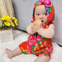 土萌东北大花吊带背心套装夏季婴儿衣服棉绸宝宝民族服装男童女童_背心套装红_80