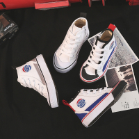 儿童帆布鞋春秋款韩版高帮侧拉链拼色休闲布鞋时尚男童女童鞋_0305白蓝_28内长约17.5cm