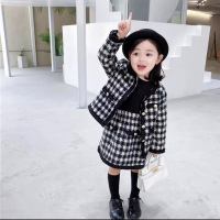 女童小香风格子套装2021秋装新款儿童洋气外套+半身裙女孩两件套_黑白格_120cm（身高加10）