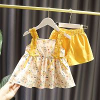 杨张治精选女宝宝吊带裙子短裤碎花背心裙两件套_黄色无袖吊带短裤两件套_120(111-120)