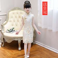 儿童旗袍中国风女孩夏2021新款改良小孩礼服女童公主裙古筝演_浅粉色送皇冠_150