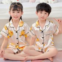 儿童冰丝睡衣夏季薄款女童男童睡衣夏装短袖小孩空调服家居服套装_中国码_12码115-125身高50斤内