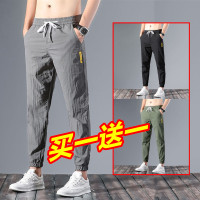 休闲长裤男2021新款夏季潮流弹力透气工作服耐脏耐磨裤子_纯黑色.皮绳_M