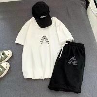 龚菲严选上衣/套装夏季男士休闲套装短袖潮流港风宽松情侣短_衣白+裤灰骨头_M高品质