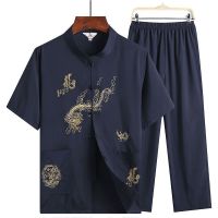 短袖男士老年爸爸装衬衫中国风唐装夏季爷爷中老年人上衣套装汉服_灰色(大龙)短袖上衣_39建议100斤左右