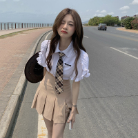 甜辣风套装夏季韩版2021新款设计感修身显瘦短款短袖衬衫女两件套_卡其百褶裙_均码