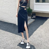 LY精选女装--新款高腰斜边显瘦侧开叉贴标牛仔半身裙女_黑色_M(95-105)