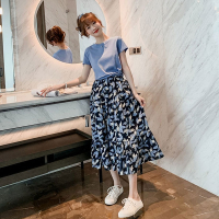 2021夏季新款气质短袖T恤两件套高腰印花半身裙时尚套装两件套女_蓝色T恤(单买)_S码建议85-95斤