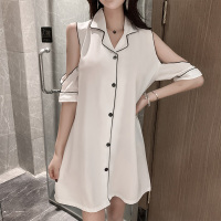 睡衣女夏季薄款丝短袖家居服睡裙白色9174_QMF-9174-短袖裙-白色露肩_L