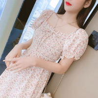 雪纺碎花连衣裙女2021夏季新款清新修身显瘦印花短袖气质中长裙子_红色碎花_XL 建议120-130斤