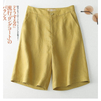 女士棉麻五分短裤休闲阔腿裤亚麻中裤直筒女裤_黄色_2XL(建议130-140斤)
