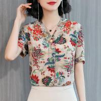 仿真丝上衣女式杭州桑蚕丝气质衬衣印花欧货小衫短袖洋气花衬衫_绿花(短袖)_3XL(130-145斤)