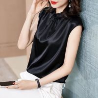无袖衬衫女内搭外穿2021夏季新款仿真丝缎面无袖宽松打底衫小衫_黑色_4XL146斤到160斤