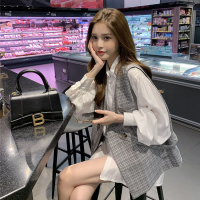 单件/套装2021春秋新款宽松套装女灯笼袖衬衫格子西装马甲两_单件衬衫关注店铺截图送小礼物_2XL135-145斤