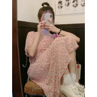 夏季韩版2021新款中长款V领碎花露锁骨名媛风泡泡短袖连衣裙子女_白碎花_均码