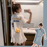 哺乳衣夏时尚外出胖妈显瘦新款宽松大码连衣裙辣妈孕妇期喂奶衣服_蓝色常规款_3XL