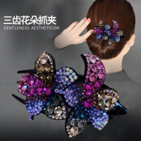 2021新款双花韩版时尚发夹水钻鸭嘴夹妈妈盘发宴会舞会后脑勺头饰_紫槟色