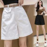 五分阔腿短裤女装2021年夏季新款高腰宽松直筒裤复古工装休闲裤子_黑色关注店铺送皮带_XXS_10-15斤