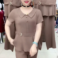 单/套装妈妈装翻领短袖T恤显瘦两件套2021夏季新款时尚休闲套装女_紫罗兰色裤子单裤子_M_建议80-100斤