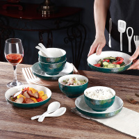 花瓷雪蜀菲家居16件套北欧轻奢祖母绿凤尾钻石餐具套装碗盘子_16件套凤尾钻石套装