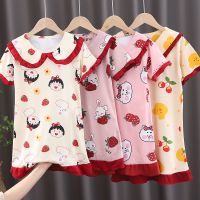 夏季新款女童睡衣裙短袖空调服儿童睡衣女公主风韩版连衣裙家居服_HQ短袖裙-条纹兔_12码建议身高115-120cm