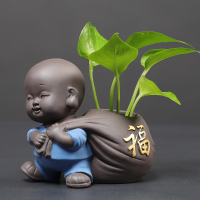 创意可爱小和尚小花器摆件桌面茶几水培花盆绿萝铜钱草家居装饰品_LCX小和尚花器：财（红衣）_中等