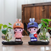 创意玻璃花瓶摆件家居课厅装饰品花器办公桌绿萝花插陶瓷水培容器_卡通-捧花女孩