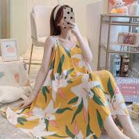 藤印象新款棉绸吊带睡裙宽松大码睡衣女长款清新人造棉家居服_长款大摆裙-黄底百合花_均码80-160