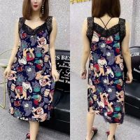 睡裙女夏新款宽松舒适可外穿家居可优_图案蕾丝吊带裙_3XL_145-165