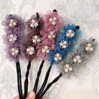 扎丸子头盘发器绢纱花朵懒人盘发棒韩国优雅蓬松花苞头马尾扣发饰_A-21雪芽色