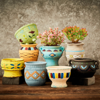 多肉花盆陶瓷肉肉花盆小老桩高盆复古风粗陶透气盆器创意个性_大胖盆(2个)_个