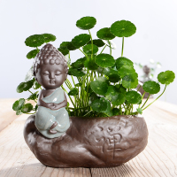 禅意小和尚水培花盆陶瓷铜钱草无孔水养花器中国风创意桌面小摆件_荷叶-禅坐如来_中等