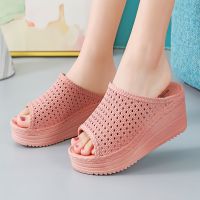 新款高跟拖鞋女夏厚底家用凉拖鞋防滑坡跟松糕一字防水台透气外穿_跟高5cm-粉色_36适合35码脚穿