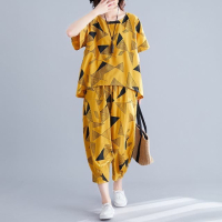 好物大码时尚洋气印花棉麻套装女夏宽松短袖T恤休闲显瘦_红色抽象图_M建议125斤内