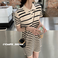 杨张治精选小个子条纹连衣裙女夏2021新款polo领显瘦a字裙_杏色_均码(80-115斤)