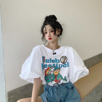 杨张治严选白色短袖t恤女夏2021新款法式泡泡袖减龄洋气上衣_卡通上衣_XS